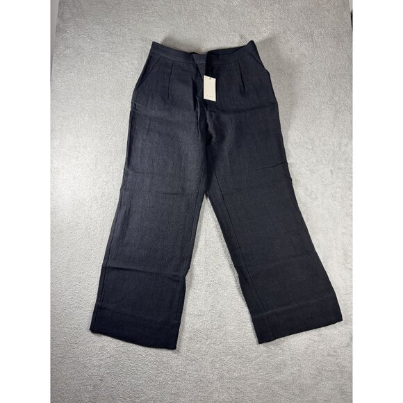 St. Agni Womens Black Linen Pleated Detailed Wide-Leg Trousers Size L
